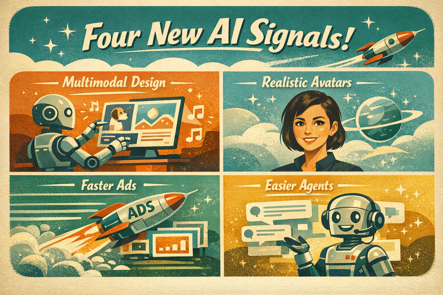 Four New AI Signals: Multimodal Design, Realistic Avatars, Faster Ads, and Easier Agents